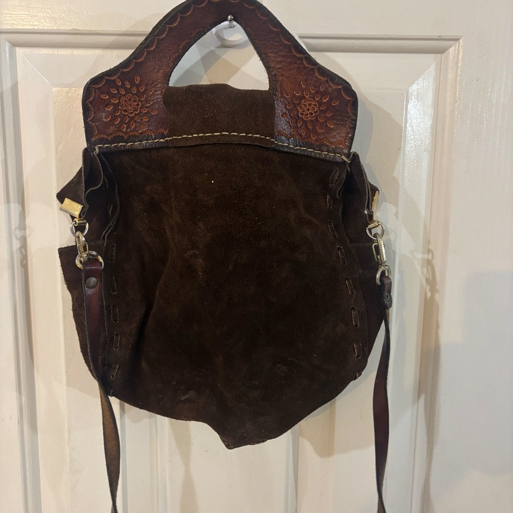 Vintage Brown Suede Leather Handbag with Embossed Top Handles - Picture 5 of 9